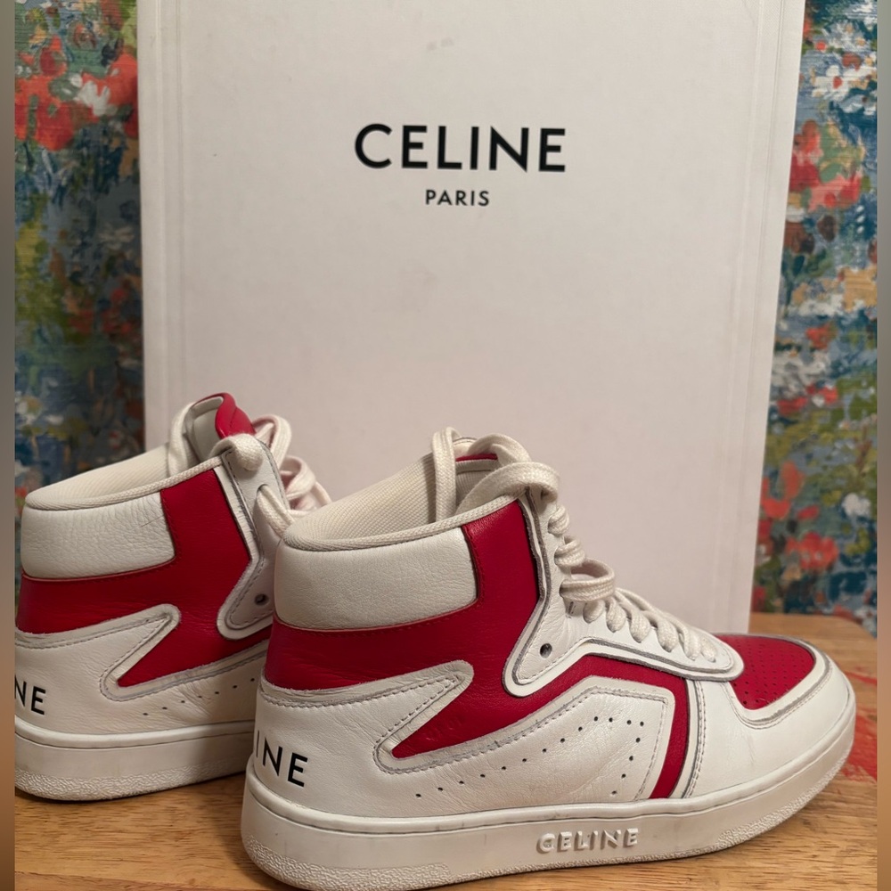 Celine Red and White Hightop Sneakers